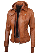 Women Tan Wax Bomber Leather Jacket with Hood