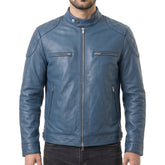 Men's Blue Leather Biker Jacket
