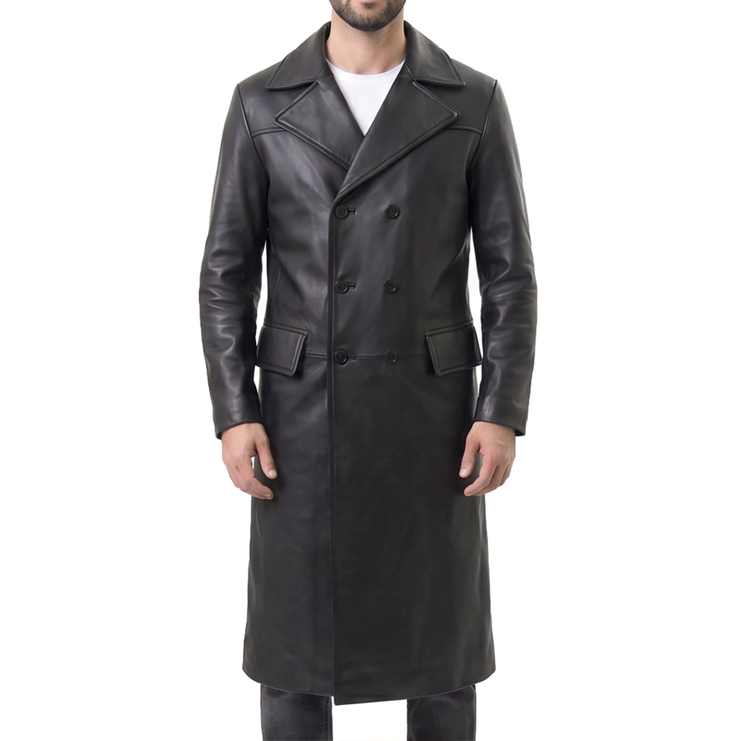 Shop Zenith Men's Black Leather Double-Breasted Coat Online