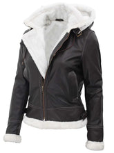 Mary Women Fur-Lined Dark Brown Bomber Leather Jacket with Removable Hood