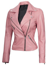 Women Pink Asymmetrical Biker Leather Jacket