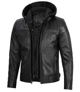 Men's Black Moto Leather Jacket with Hood