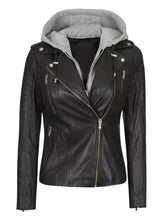Bagheria Women Black Leather Biker Jacket with Removable Hood