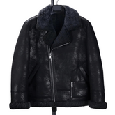 Black Wolf B3 Shearling Bomber Jacket, Crack-Textured Leather, Winter Style