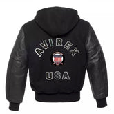 Avirex USA Varsity Hoodie Wool Jacket with Leather Sleeves, Americana Streetwear