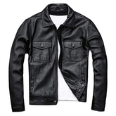 Bold Black Leather Bomber, Mens Jacket with Classic Collar and Flap Pockets