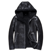 Black Hooded Shearling Jacket for Men Real Leather Bomber Cold Weather Gear