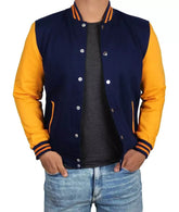 Bold Blue and Yellow Mens Varsity Jacket, Baseball-Inspired Bomber Style
