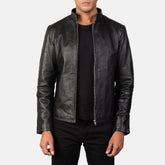 David Jet Black Leather Biker Fit