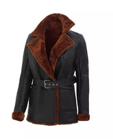 Women's Belted Black Shearling Leather Coat – Double-Breasted