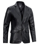 Men's Black Leather Blazer with Two Buttons and Notch Lapel