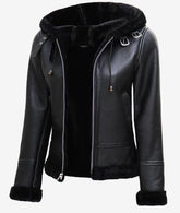 Women's Black Leather Aviator Jacket – Shearling & Hooded