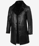 Men's Black Leather Shearling Coat - 3/4 Length