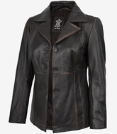 Women's Distressed Brown Leather Blazer with Three Buttons