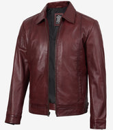 Men's Burgundy Harrington-Style Leather Jacket