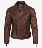 Men's Cognac Real Leather Biker Jacket with Asymmetrical Front