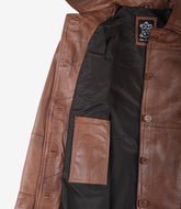Women's Cognac Real Leather Coat in 3/4 Length with Button-Down Front