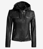 Helen Women's Tall Black Real Leather Jacket with Detachable Hood