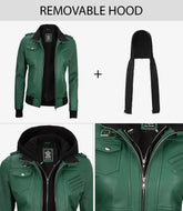 Women's Green Leather Bomber Jacket with Hood