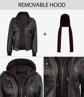 Women's Distressed Brown Leather Bomber Jacket with Hood