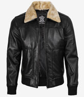 Men's Black Bomber Leather Jacket with Fur Collar