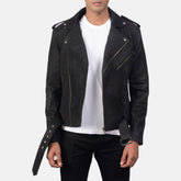 Furton Distressed Black Leather Biker Jacket With Aged Finish