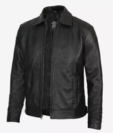 Men's Tall Vintage Black Leather Jacket with Shirt Collar