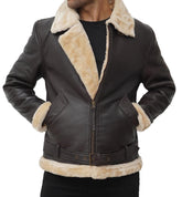 Men's Dark Brown Leather Bomber Jacket with Shearling Lining