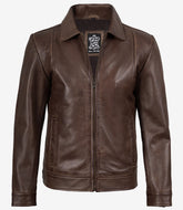 Reeves Men's Brown Leather Jacket with Shirt Collar Detail