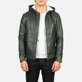Baston Green Leather Hooded Bomber