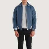 Cooper Leather Varsity Jacket In Blue