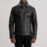 Dallis Leather Shearling Trucker Jacket In Black
