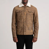 Dallis Leather Shearling Trucker Jacket With Distressed Brown Finish