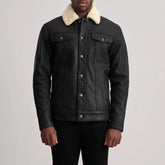 Dallis Leather Shearling Trucker Jacket With Distressed Black Finish