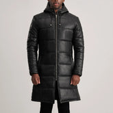 Floyd Hooded Leather Puffer Coat In Black