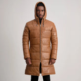 Floyd Hooded Leather Puffer Coat In Tan