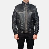 Glen Street Leather Bomber Jacket In Black