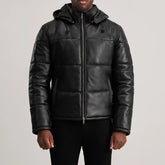 Gordon Hooded Leather Puffer Jacket In Black