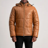 Gordon Hooded Leather Puffer Jacket In Tan