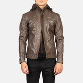 Hector Hooded Leather Biker Jacket In Brown