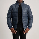 Lucas Puffer Bomber Jacket Made From Blue Leather