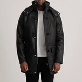 Nolan Distressed Leather Duffle Coat In Black