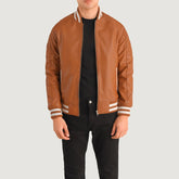 Pascal Leather Varsity Jacket In Tan Brown