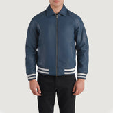 Walton Leather Varsity Jacket In Blue