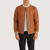 Willis Leather Varsity Jacket In Tan Brown