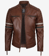 Men's Cognac Leather Biker Style Jacket with Dual Stripe Accents