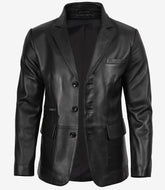 Men's Black Leather Blazer with Three Buttons and Notch Lapel