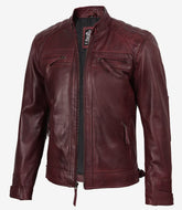 Men's Tall Maroon Leather Biker Jacket with Quilted Shoulders