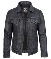 Men's Trucker-Style Jacket in Washed Black Leather