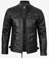 Men's Black Biker Jacket in Leather with Quilted Shoulder Panels